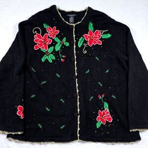 Vintage Reference Point Christmas Poinsettia Beaded Embroidered Cardigan Sweater
